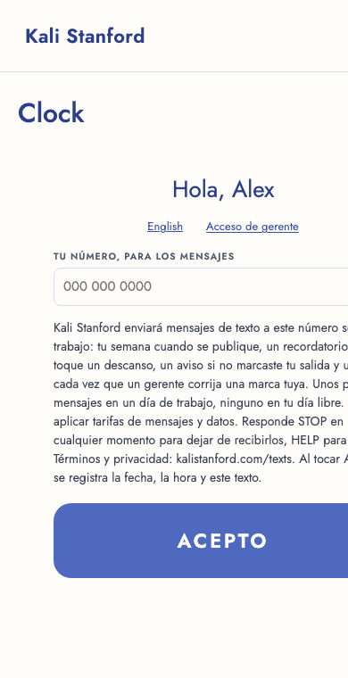 The same consent screen in Spanish: a field for the mobile number, the consent text, and a button reading Acepto.